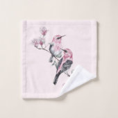 Rosa und schwarze Vögel auf einem Baumzweig Badhandtuch Set (Waschlappen)