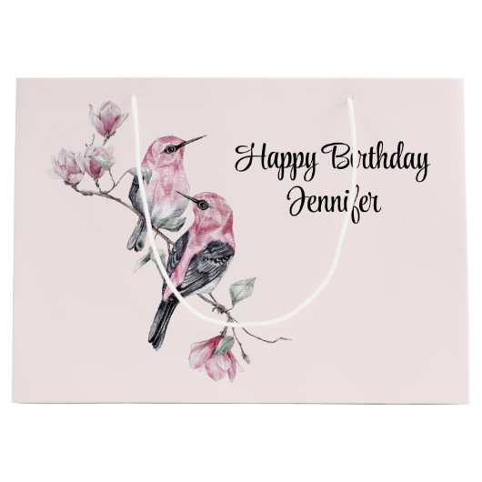 Rosa und schwarze Vögel auf einem Baumzweig Geburt Große Geschenktüte (Vorderseite)