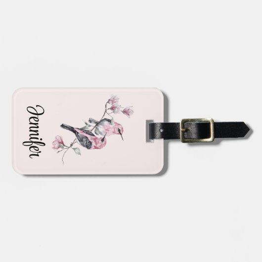 Rosa und schwarze Vögel auf einem Baumzweig Gepäckanhänger (Vorderseite horizontal)