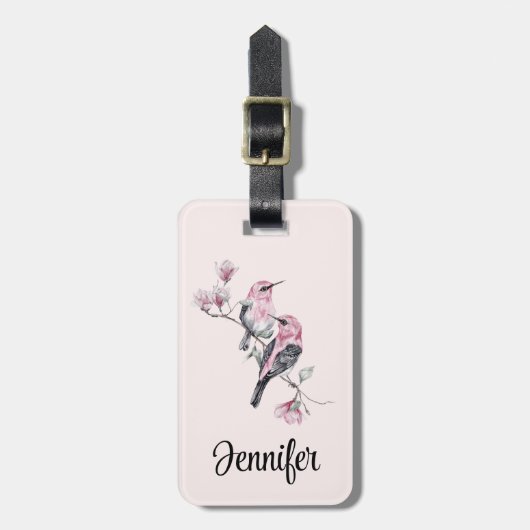 Rosa und schwarze Vögel auf einem Baumzweig Gepäckanhänger (Vorderseite vertikal)
