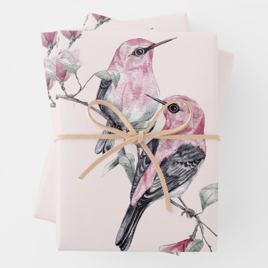 Rosa und schwarze Vögel auf einem Baumzweig Geschenkpapier Set (Beispiel)