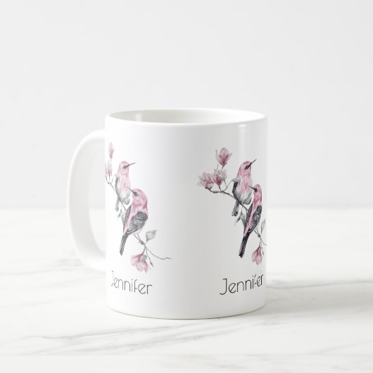 Rosa und schwarze Vögel auf einem Baumzweig Kaffeetasse (Vorderseite Links)