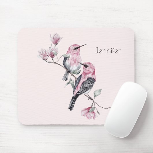 Rosa und schwarze Vögel auf einem Baumzweig Mousepad (Mit Mouse)