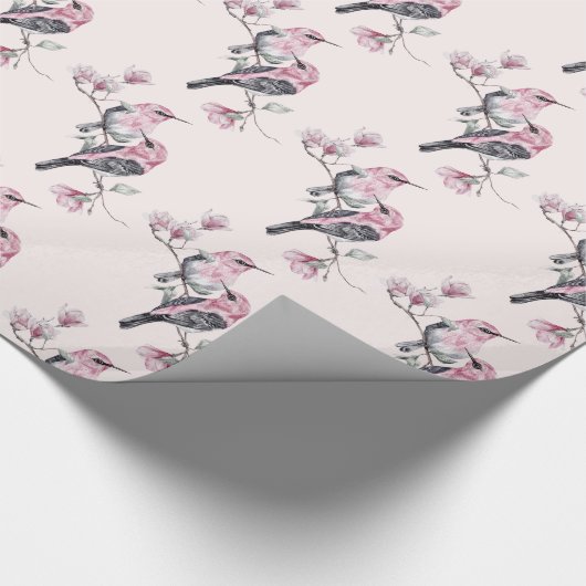 Rosa und schwarze Vögel auf einem Baumzweig-Muster Geschenkpapier (Ecke)