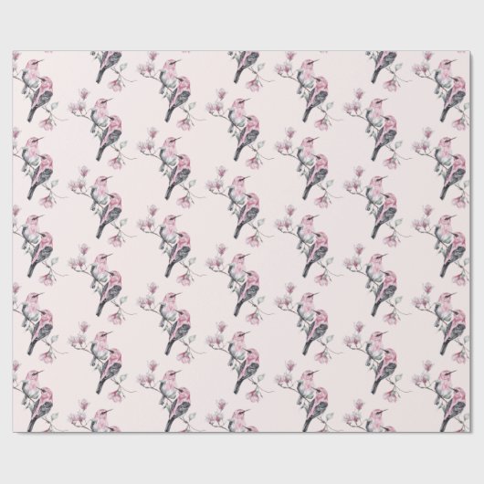 Rosa und schwarze Vögel auf einem Baumzweig-Muster Geschenkpapier (Flach)