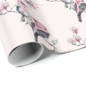 Rosa und schwarze Vögel auf einem Baumzweig-Muster Geschenkpapier (Rolleneckpunkt)