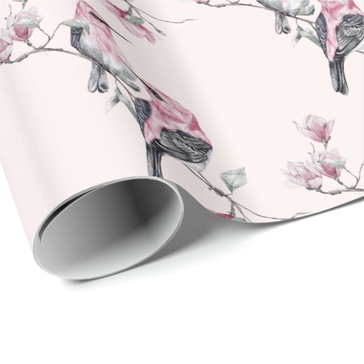 Rosa und schwarze Vögel auf einem Baumzweig-Muster Geschenkpapier (Rolleneckpunkt)