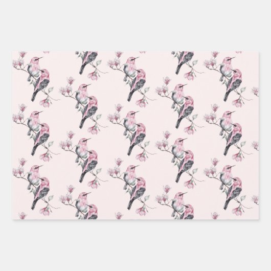 Rosa und schwarze Vögel auf einem Baumzweig-Muster Geschenkpapier Set (Vorderseite 2)