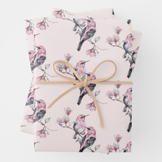 Rosa und schwarze Vögel auf einem Baumzweig-Muster Geschenkpapier Set (Beispiel)