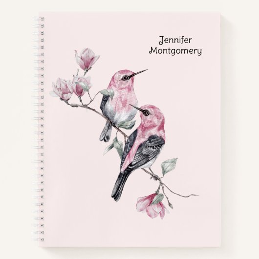 Rosa und schwarze Vögel auf einem Baumzweig Notizblock (Vorderseite)