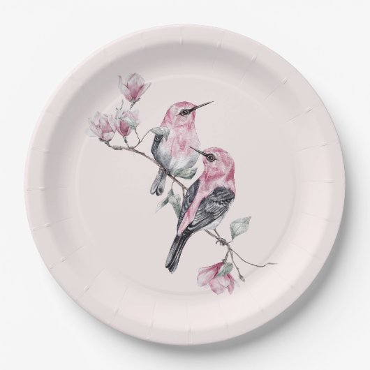 Rosa und schwarze Vögel auf einem Baumzweig Pappteller (Vorderseite)