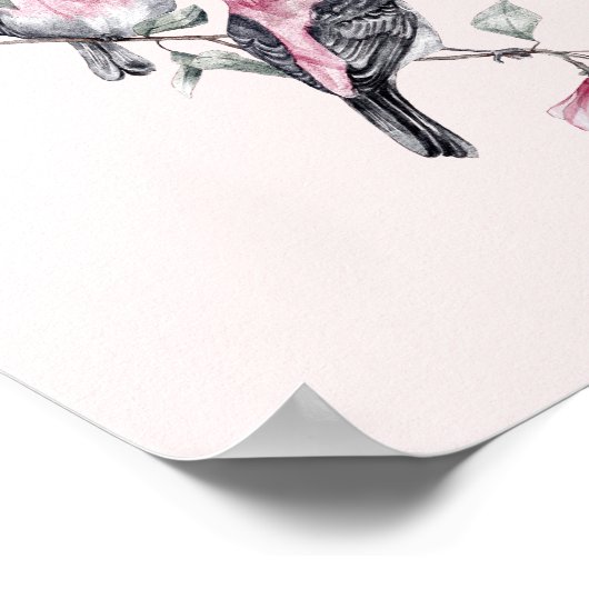 Rosa und schwarze Vögel auf einem Baumzweig Poster (Ecke)