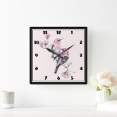 Rosa und schwarze Vögel auf einem Baumzweig Quadratische Wanduhr (Zuhause)