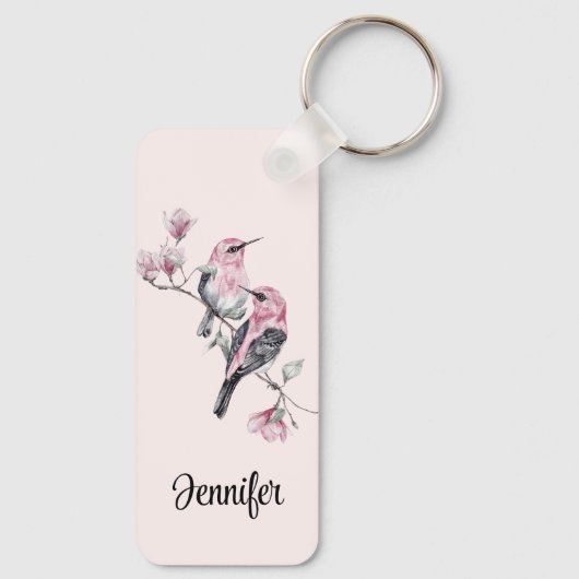 Rosa und schwarze Vögel auf einem Baumzweig Schlüsselanhänger (Rückseite)
