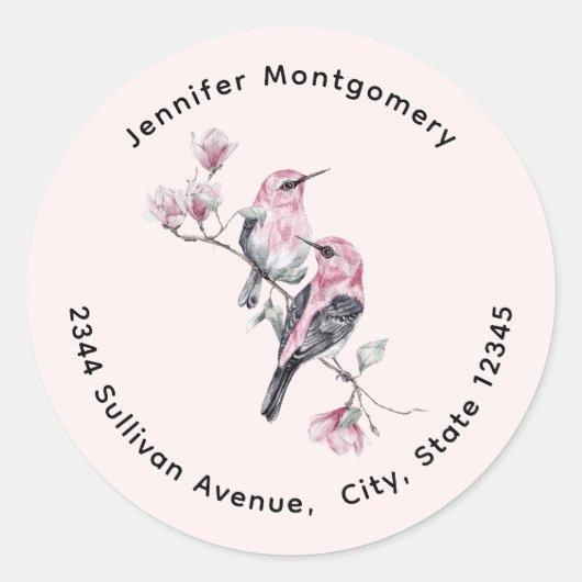 Rosa und schwarze Vögel auf einer Zweigstelle des Runder Aufkleber (Vorderseite)