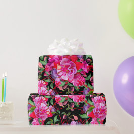 Rosa und schwarze Wasserfarbe Fuchsia Blüten Geschenkpapier