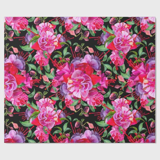 Rosa und schwarze Wasserfarbe Fuchsia Blüten Geschenkpapier (Flach)