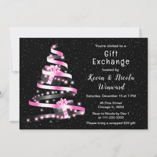 Rosa und schwarze Weihnachtsgeschenke Exchange Einladung (Vorderseite)
