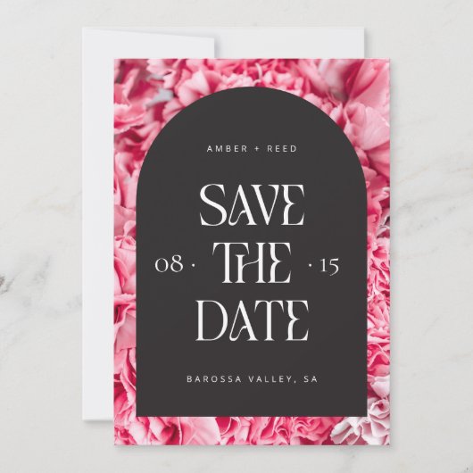 Rosa und schwarzer Blumenbogen Retro Moderner Schr Save The Date (Vorderseite)