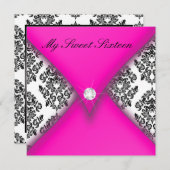Rosa und schwarzer Damast 16. Geburtstag Einladung (Vorne/Hinten)