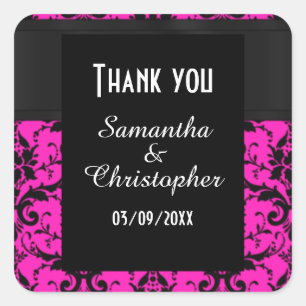 Rosa und schwarzer Damast Danke Quadratischer Aufkleber