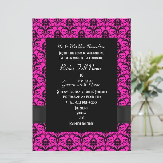 Rosa und schwarzer Damast feierliche Hochzeit Einladung (Stehend Vorderseite)