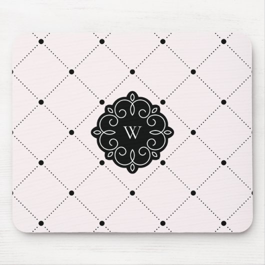 Rosa und schwarzer Diamant-Punkt-Muster-Monogramm Mousepad (Vorne)