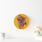 Rosa und Schwarzer Florendrache auf Runde Wanduhr (Zuhause)