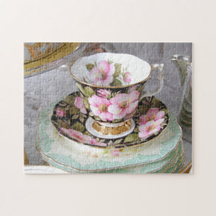 Rosa und schwarzer Foral Teacup-Puzzle Puzzle