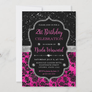 Rosa und schwarzer Glitter Blumen Damast 21. Gebur Einladung