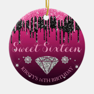 Rosa und schwarzer Glitter-Drip-Diamant Sweet Sixt Keramik Ornament