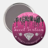 Rosa und schwarzer Glitter-Drip-Diamant Sweet Sixt Magnet (Vorderseite/Rückseite)