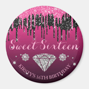 Rosa und schwarzer Glitter-Drip-Diamant Sweet Sixt Magnet