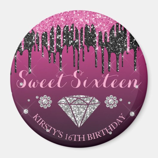 Rosa und schwarzer Glitter-Drip-Diamant Sweet Sixt Magnet (Vorne)