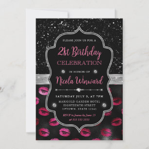 Rosa und schwarzer Glitter-Lippen 21. Geburtstag Einladung