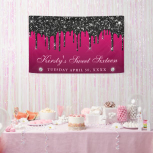 Rosa und schwarzer Glitzer 16 . Geburtstag Banner