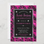 Rosa und schwarzer Glitzer BlumenDamast Sweet 16 Einladung (Vorderseite)