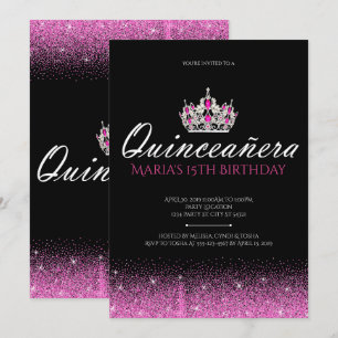 Rosa und schwarzer Glitzer - Einladungen in Quince