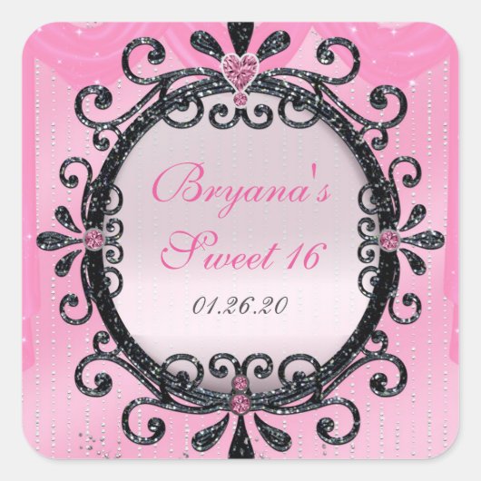 Rosa und schwarzer Glitzer Extravagant-Rahmen-Part Quadratischer Aufkleber (Vorderseite)