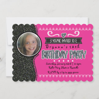 Rosa und schwarzer Glitzer Girls Party Foto Einlad Einladung