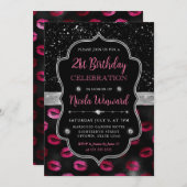 Rosa und schwarzer Glitzer Lips 21. Geburtstag Einladung (Vorne/Hinten)