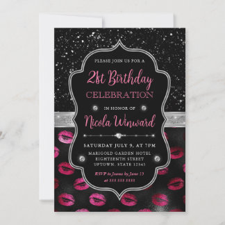 Rosa und schwarzer Glitzer Lips 21. Geburtstag Einladung
