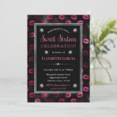 Rosa und schwarzer Glitzer Lips Muster 16 . Geburt Einladung (Stehend Vorderseite)