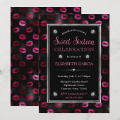 Rosa und schwarzer Glitzer Lips Muster 16 . Geburt Einladung (Vorne/Hinten)