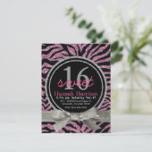 Rosa und schwarzer Glitzer Look Zebra Sweet 16 Par Einladung (Stehend Vorderseite)