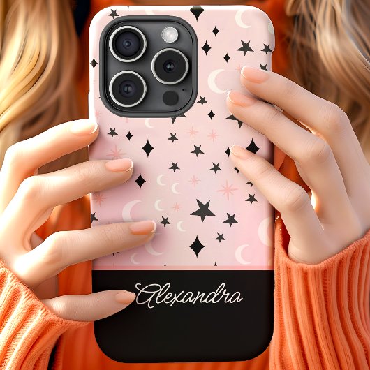 Rosa und schwarzer Himmel-Mond-Sterne-Script-Name Case-Mate iPhone Hülle