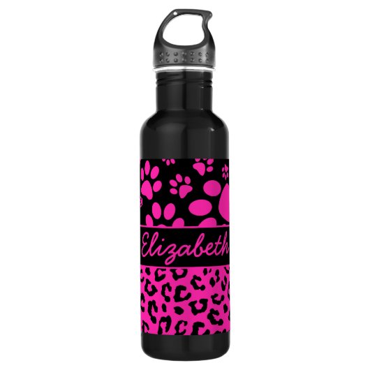 Rosa und schwarzer Leopard-Druck und Tatzen Trinkflasche (Vorderseite)