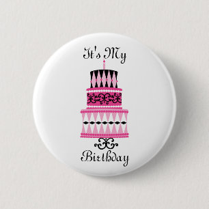 Rosa und schwarzer Party-Kuchen Button