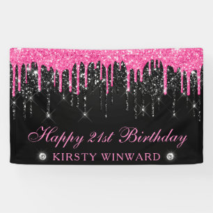 Rosa und schwarzer tropfender Glitter 21. Geburtst Banner