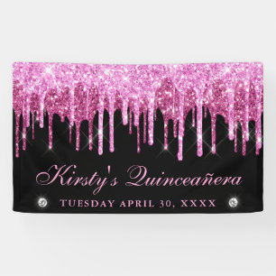 Rosa und schwarzer tropfender Glitter Quinceanera Banner